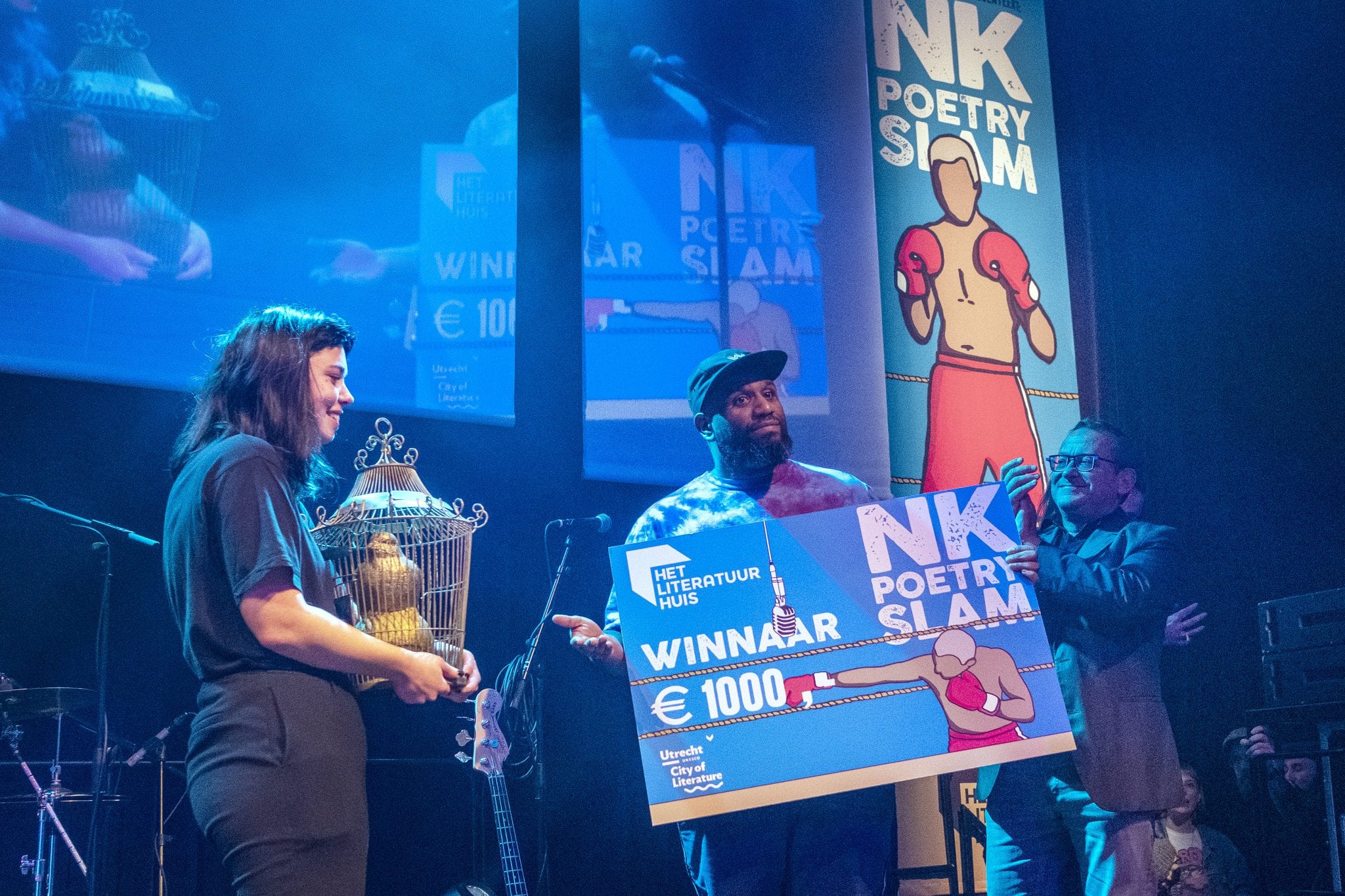 Nederland. Utrecht, 02-02-2019. Foto: Patrick Post. Finale NK Poetry Slam. Martje Wyers en Maxime Garcia Diaz tijdens de finale.